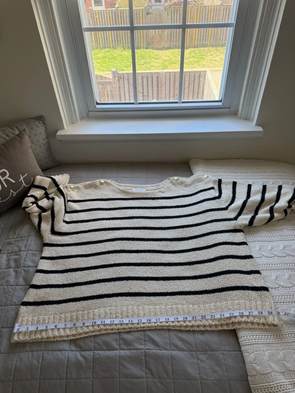 J. Crew Cream and Black Striped Boatneck Sweater with Gold Shoulder Buttons - 3X - Picture 12 of 15